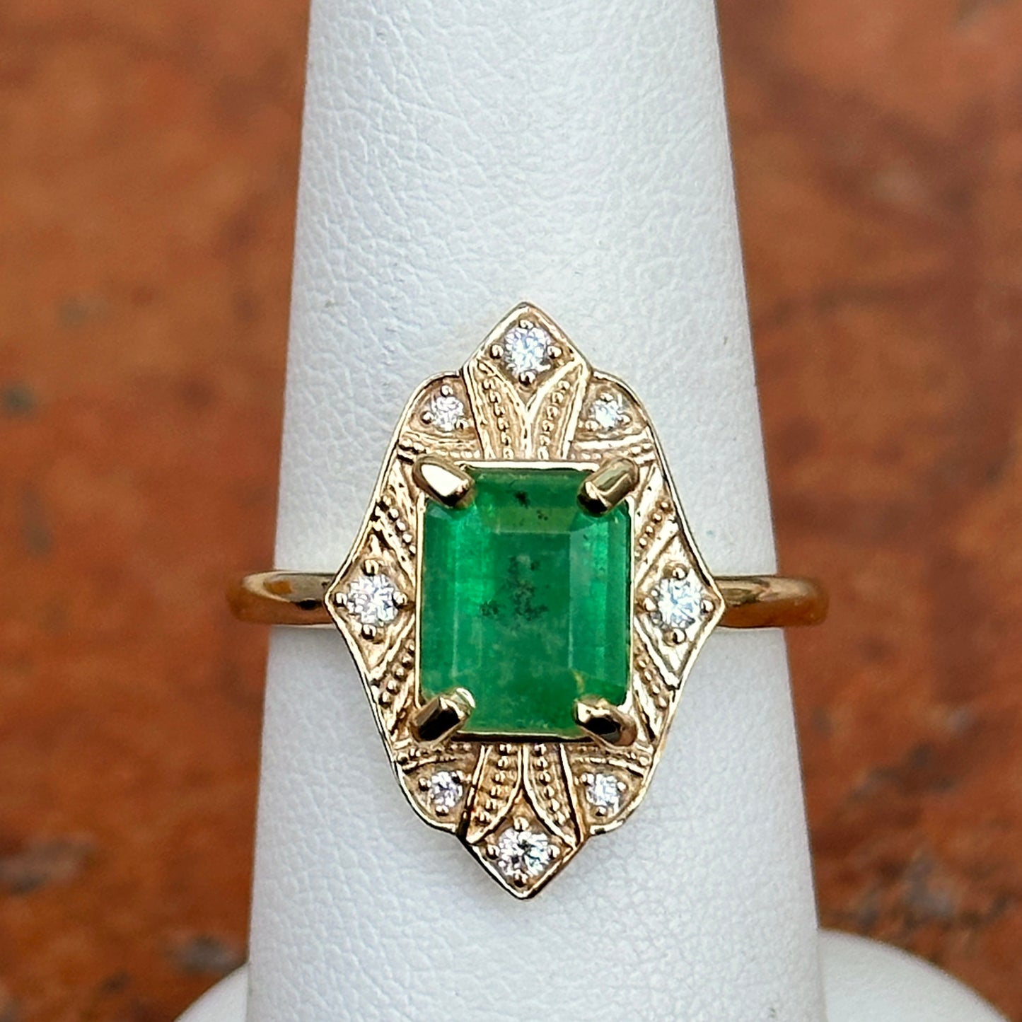 14KT Yellow Gold Emerald-Cut Colombian Emerald + Diamond Halo Art Deco Ring