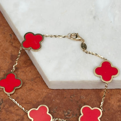 14KT Yellow Gold 14mm Red Enamel Clover Station Chain Bracelet