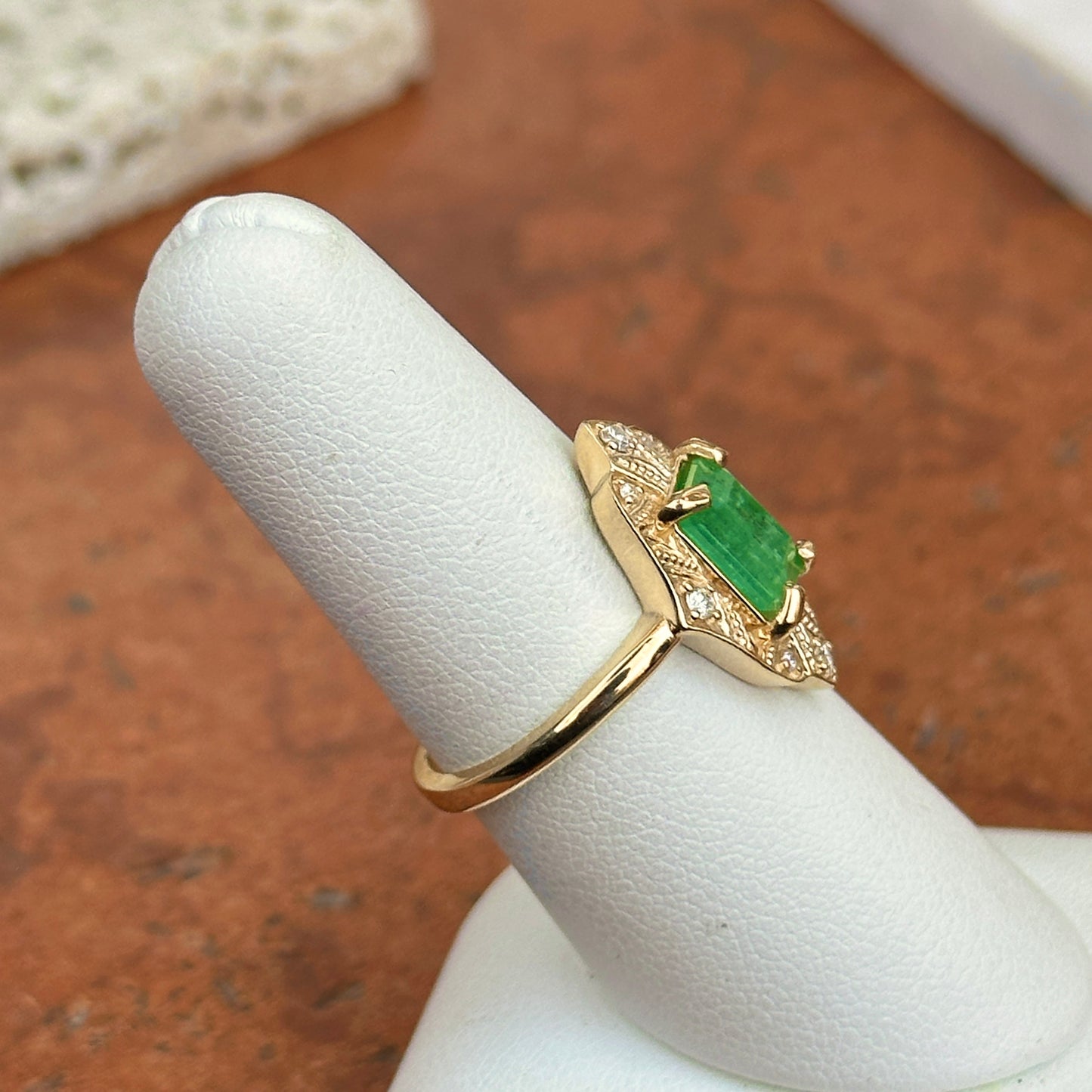 14KT Yellow Gold Emerald-Cut Colombian Emerald + Diamond Halo Art Deco Ring