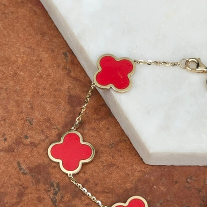 14KT Yellow Gold 14mm Red Enamel Clover Station Chain Bracelet