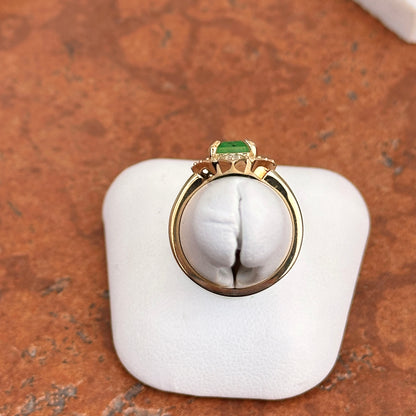 14KT Yellow Gold Emerald-Cut Colombian Emerald + Diamond Halo Art Deco Ring