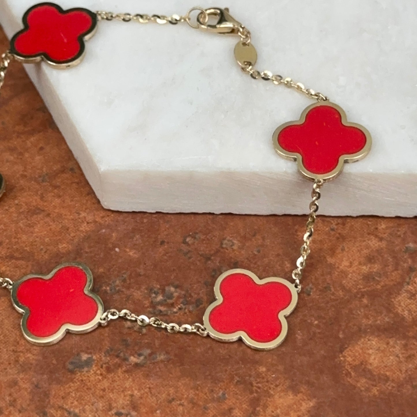 14KT Yellow Gold 14mm Red Enamel Clover Station Chain Bracelet