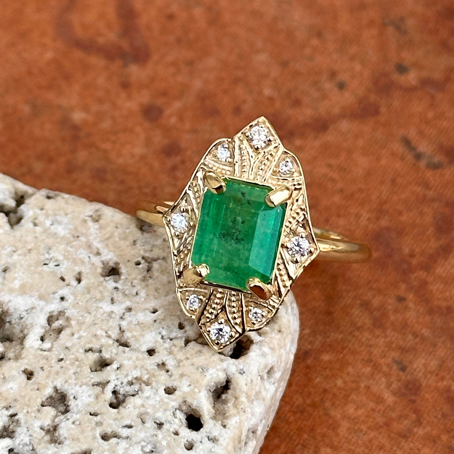 14KT Yellow Gold Emerald-Cut Colombian Emerald + Diamond Halo Art Deco Ring