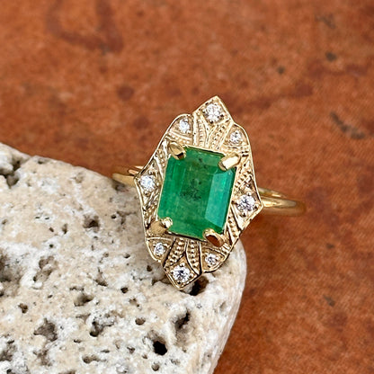 14KT Yellow Gold Emerald-Cut Colombian Emerald + Diamond Halo Art Deco Ring