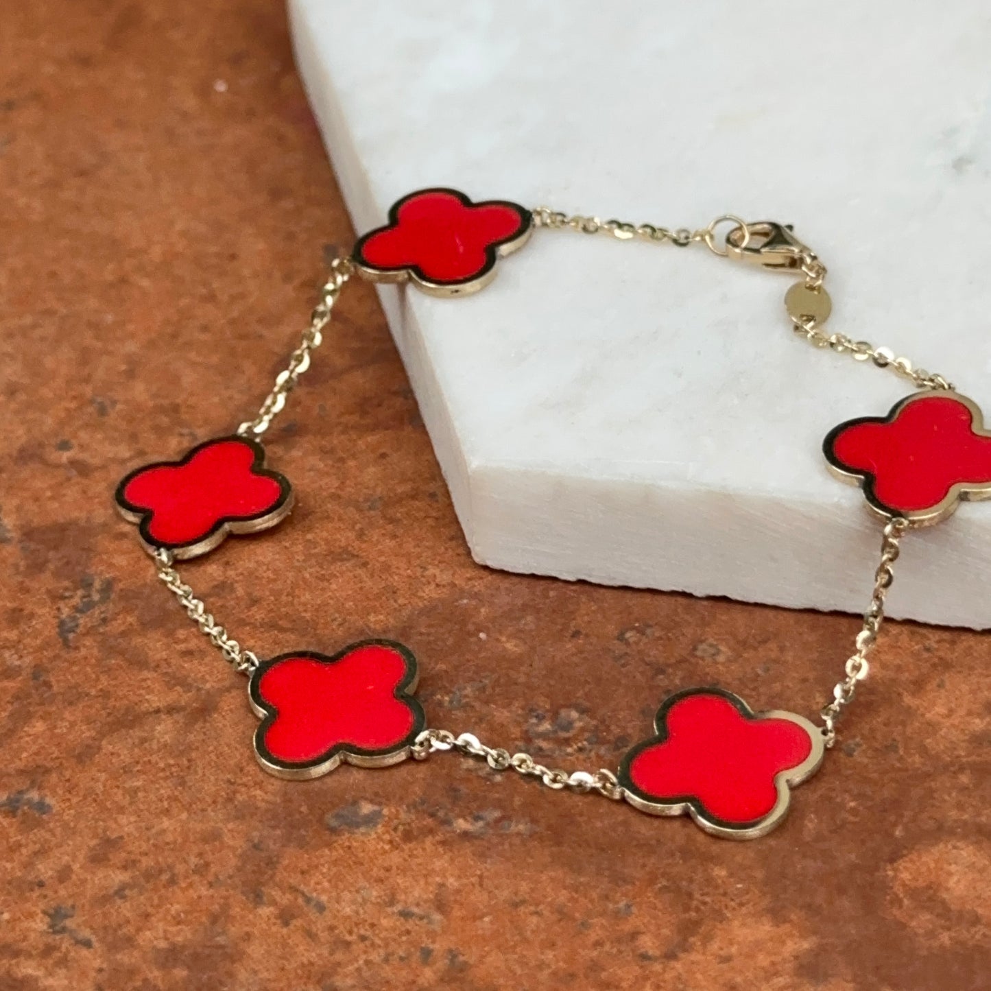 14KT Yellow Gold 14mm Red Enamel Clover Station Chain Bracelet