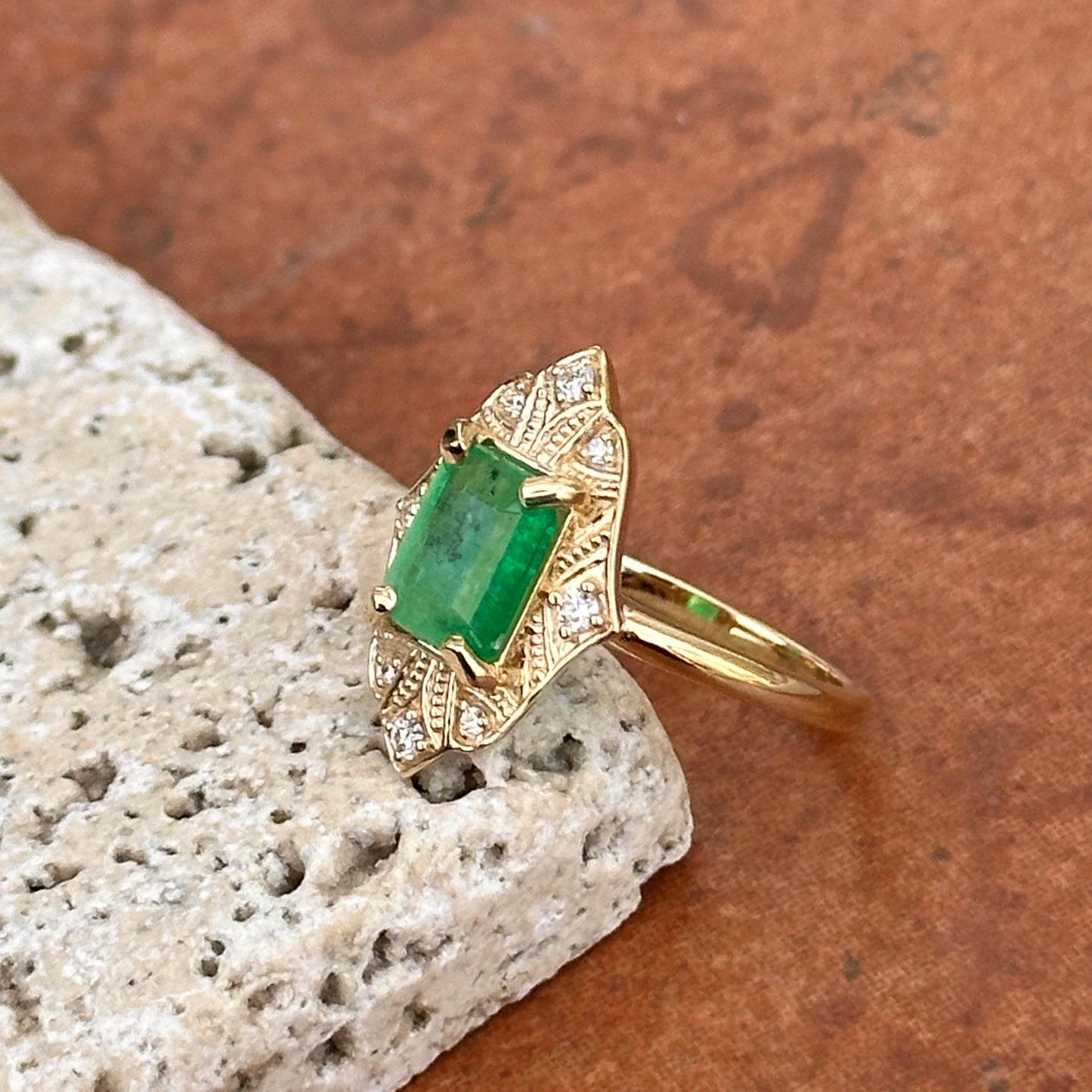 14KT Yellow Gold Emerald-Cut Colombian Emerald + Diamond Halo Art Deco Ring