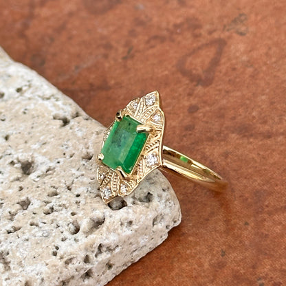 14KT Yellow Gold Emerald-Cut Colombian Emerald + Diamond Halo Art Deco Ring