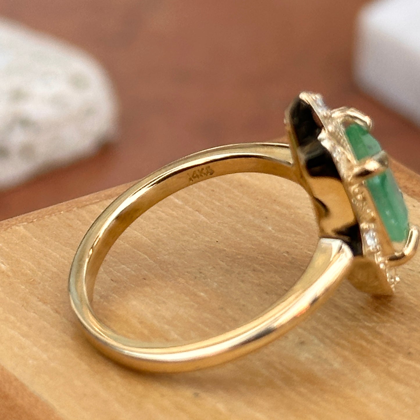 14KT Yellow Gold Emerald-Cut Colombian Emerald + Diamond Halo Art Deco Ring