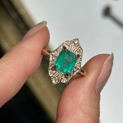 14KT Yellow Gold Emerald-Cut Colombian Emerald + Diamond Halo Art Deco Ring
