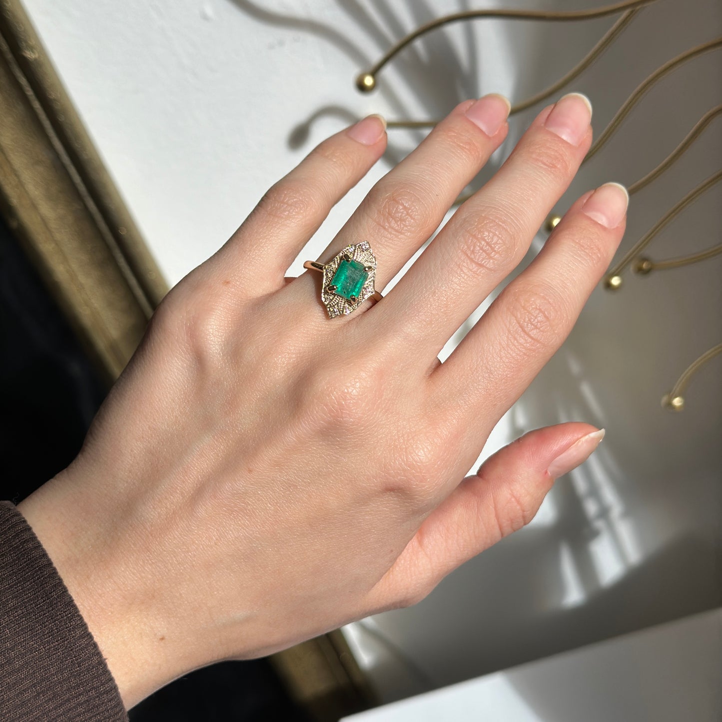 14KT Yellow Gold Emerald-Cut Colombian Emerald + Diamond Halo Art Deco Ring
