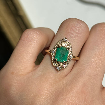 14KT Yellow Gold Emerald-Cut Colombian Emerald + Diamond Halo Art Deco Ring