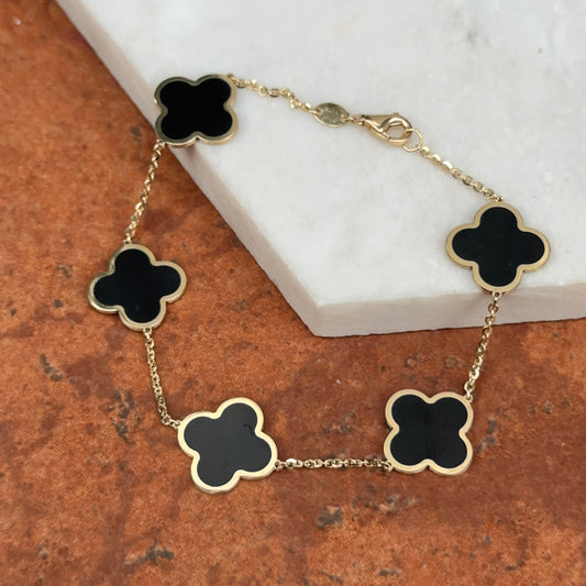 14KT Yellow Gold 14mm Black Onyx Clover Station Chain Bracelet