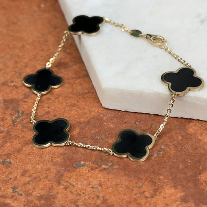 14KT Yellow Gold 14mm Black Onyx Clover Station Chain Bracelet