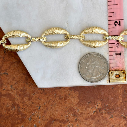 Estate 14KT Yellow Gold Matte Hammered Oval + Diamond-Cut Link Bracelet