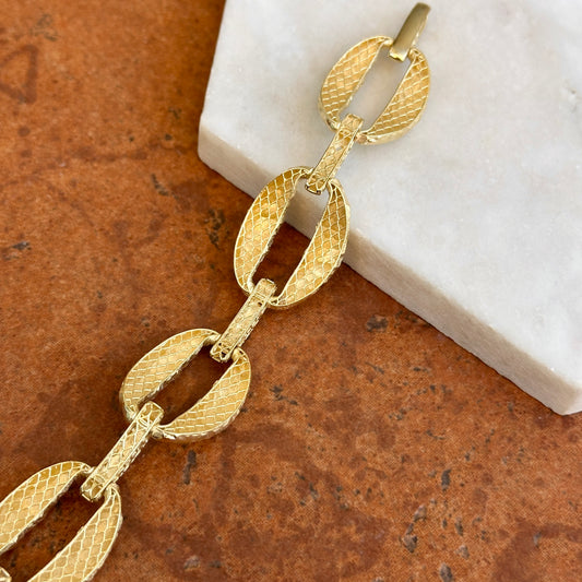 Estate 14KT Yellow Gold Matte Hammered Oval + Diamond-Cut Link Bracelet