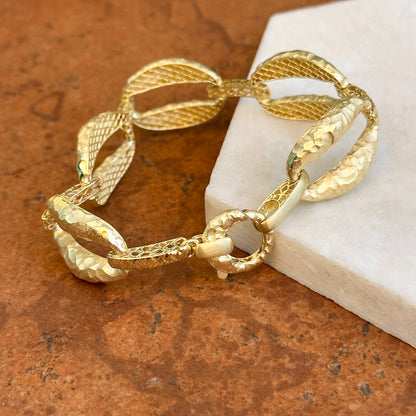 Estate 14KT Yellow Gold Matte Hammered Oval + Diamond-Cut Link Bracelet