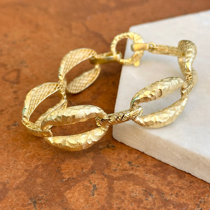 Estate 14KT Yellow Gold Matte Hammered Oval + Diamond-Cut Link Bracelet
