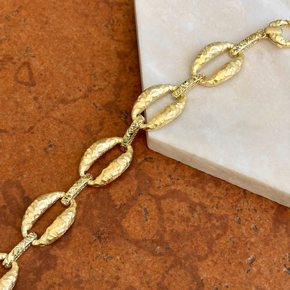 Estate 14KT Yellow Gold Matte Hammered Oval + Diamond-Cut Link Bracelet