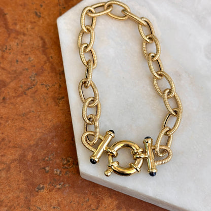 Estate 14KT Yellow Gold Textured Oval Chain Link Blue Sapphire Ends Bracelet