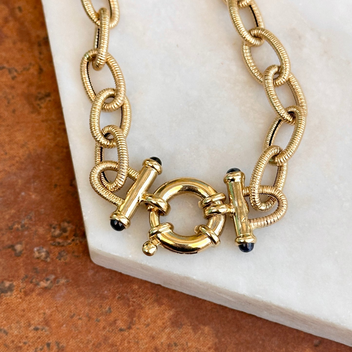 Estate 14KT Yellow Gold Textured Oval Chain Link Blue Sapphire Ends Bracelet