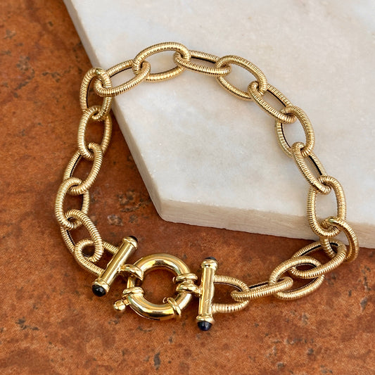 Estate 14KT Yellow Gold Textured Oval Chain Link Blue Sapphire Ends Bracelet