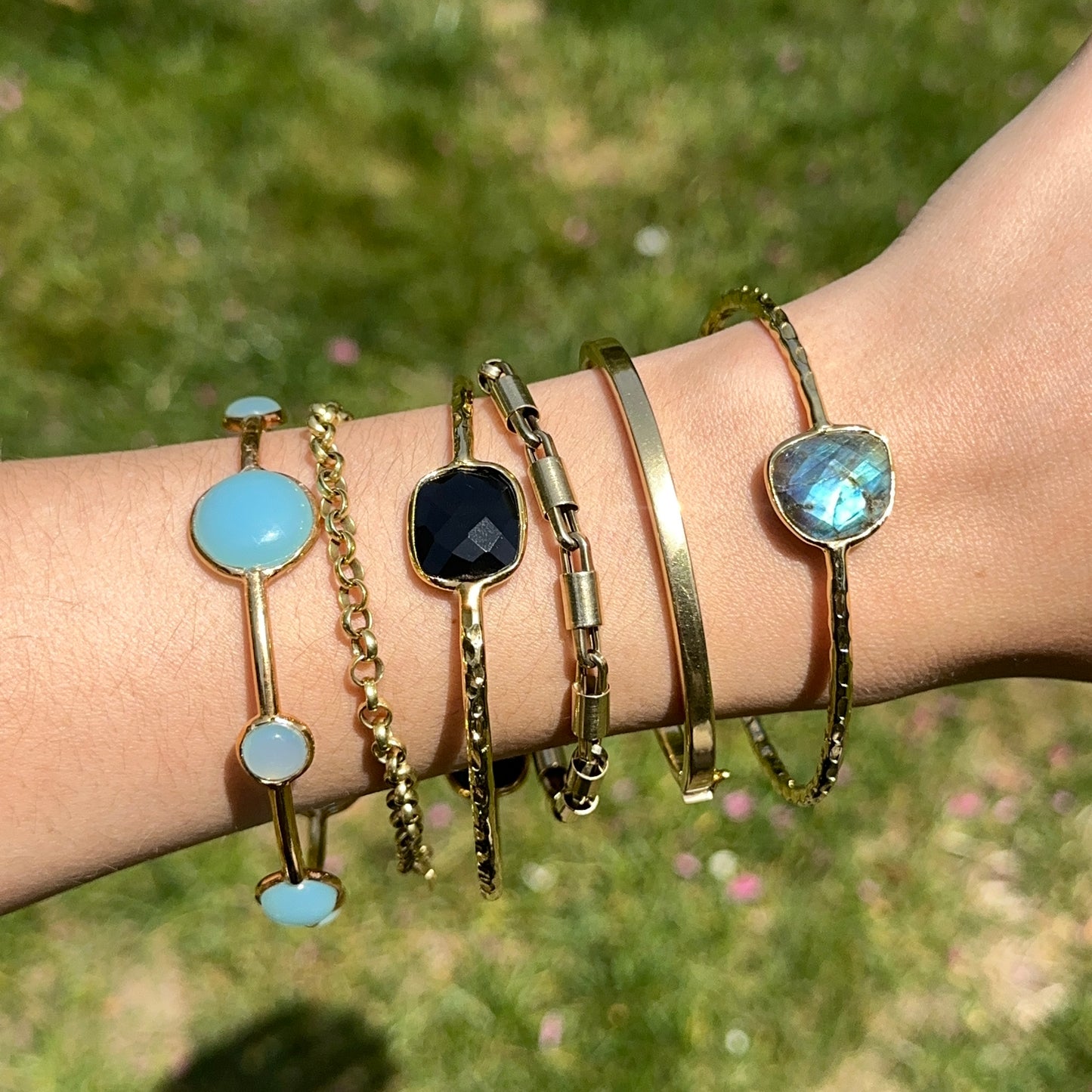 Gold-Plated Labradorite Hammered Slip-On Bangle Bracelet