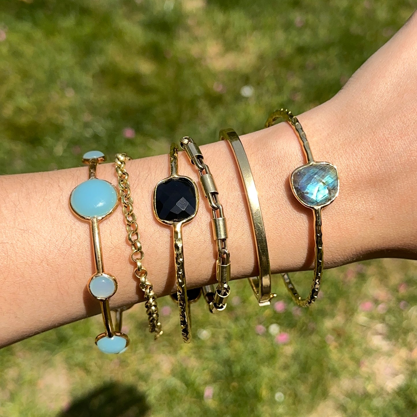 Gold-Plated Black Onyx Hammered Slip-On Bangle Bracelet