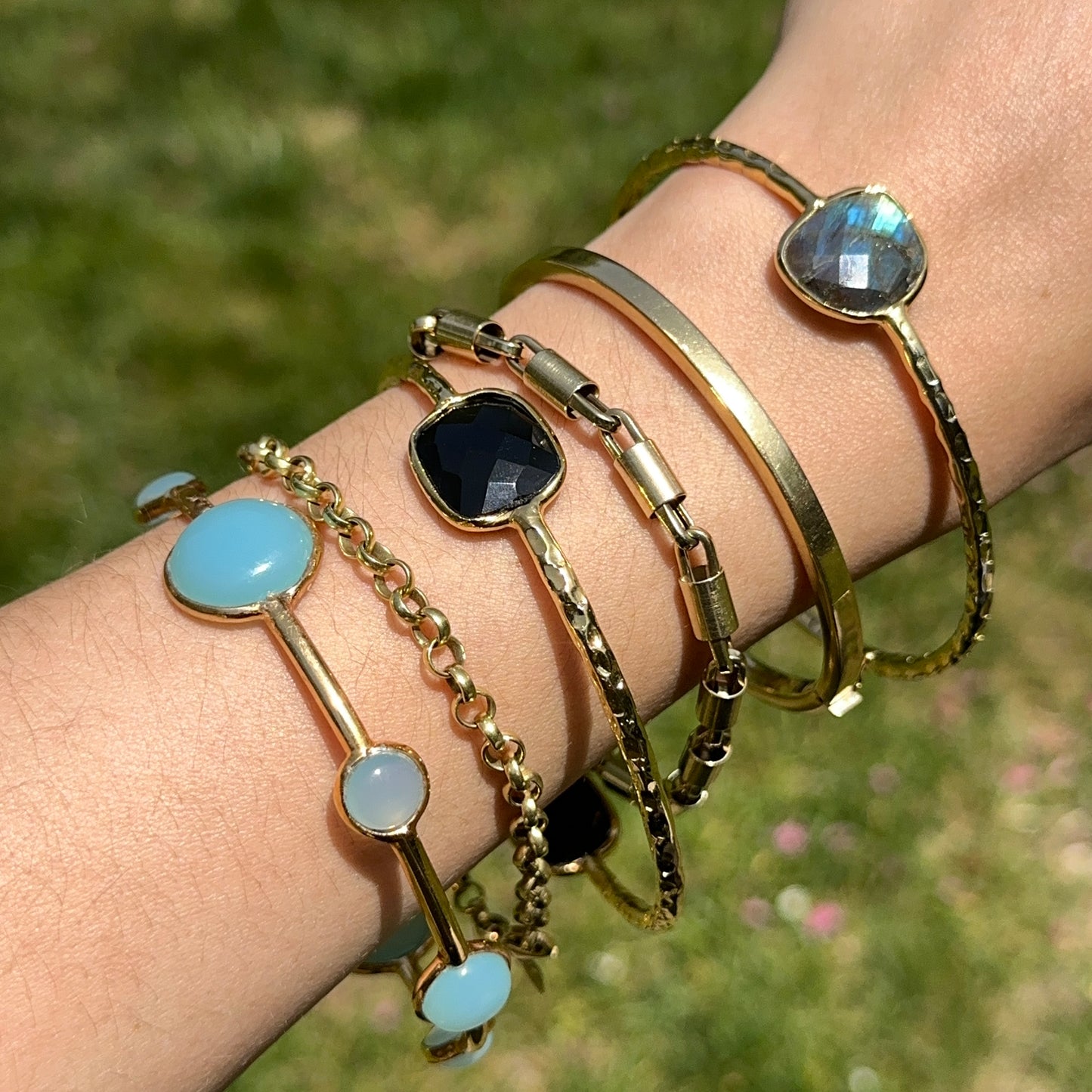 Gold-Plated Black Onyx Hammered Slip-On Bangle Bracelet