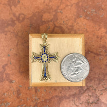 Load image into Gallery viewer, Estate 14KT Yellow Gold Blue Enamel Ornate Cross Pendant
