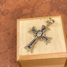 Load image into Gallery viewer, Estate 14KT Yellow Gold Blue Enamel Ornate Cross Pendant