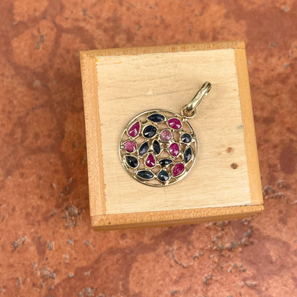 Estate 14KT Yellow Gold Blue Sapphire + Pink Ruby Round Drop Pendant