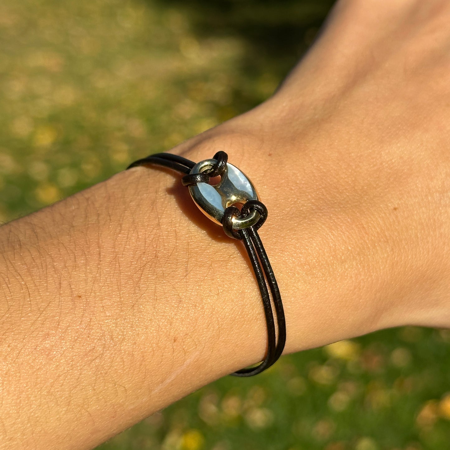 14KT Yellow Gold Puffed Mariner Mother of Pearl Link Black Leather Bracelet 6.5"