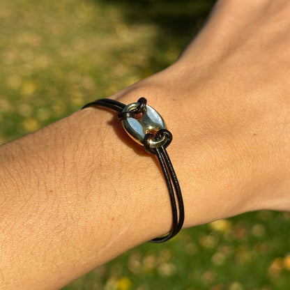 14KT Yellow Gold Puffed Mariner Mother of Pearl Link Black Leather Bracelet 6.5"