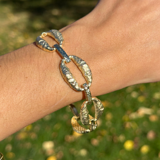 Estate 14KT Yellow Gold Matte Hammered Oval + Diamond-Cut Link Bracelet - LSJ