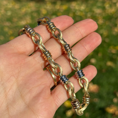 Estate 14KT Yellow Gold Matte Oval Links + Tri-Gold Chain Necklace