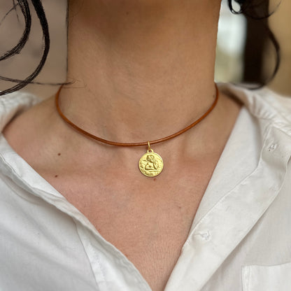 14KT Yellow Gold Solid Angel Baby Raphael Round Medal Pendant 16mm