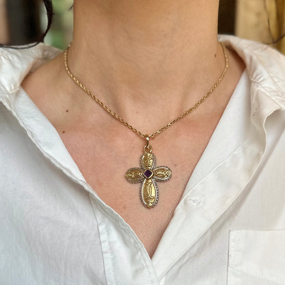 Estate 14KT Yellow Gold + White Gold Byzantine Amethyst Cross Pendant Enhancer