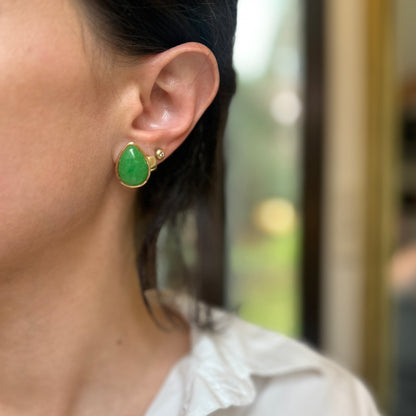 Estate 14KT Yellow Gold Teardrop Dyed Green Jade Omega Earrings