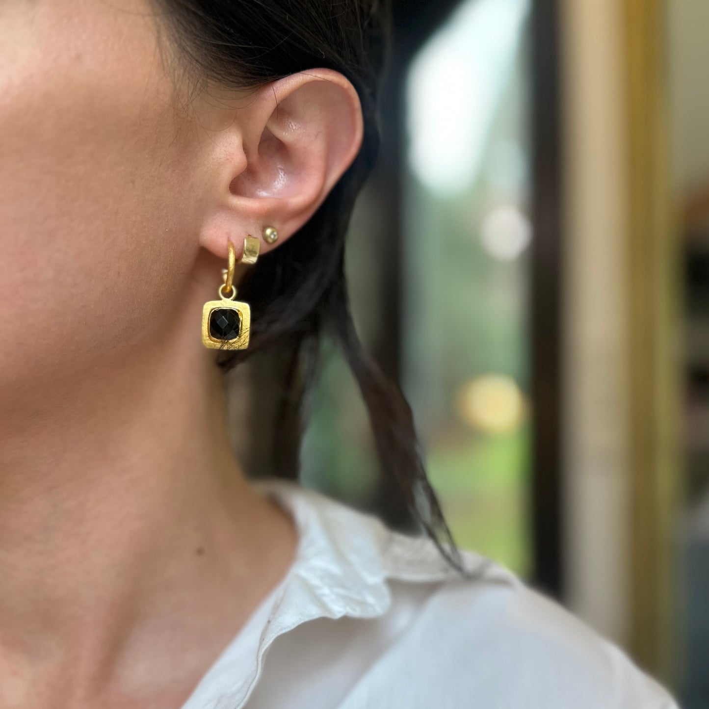 Yellow Gold-Plated Square Checkerboard Black Stone Charm Dangle Hoop Earrings