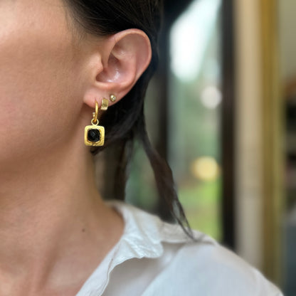 Yellow Gold-Plated Square Checkerboard Black Stone Charm Dangle Hoop Earrings