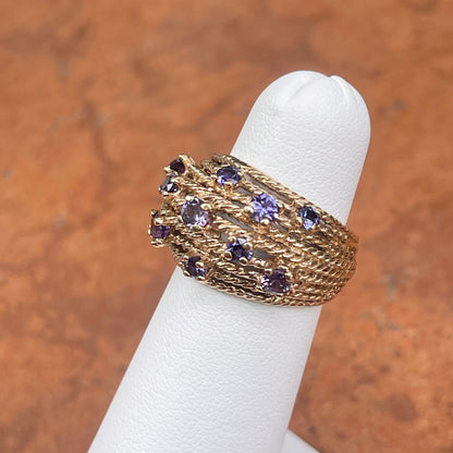 Estate 14KT Yellow Gold Rope Twist Etruscan Purple Iolite Cigar Band Ring