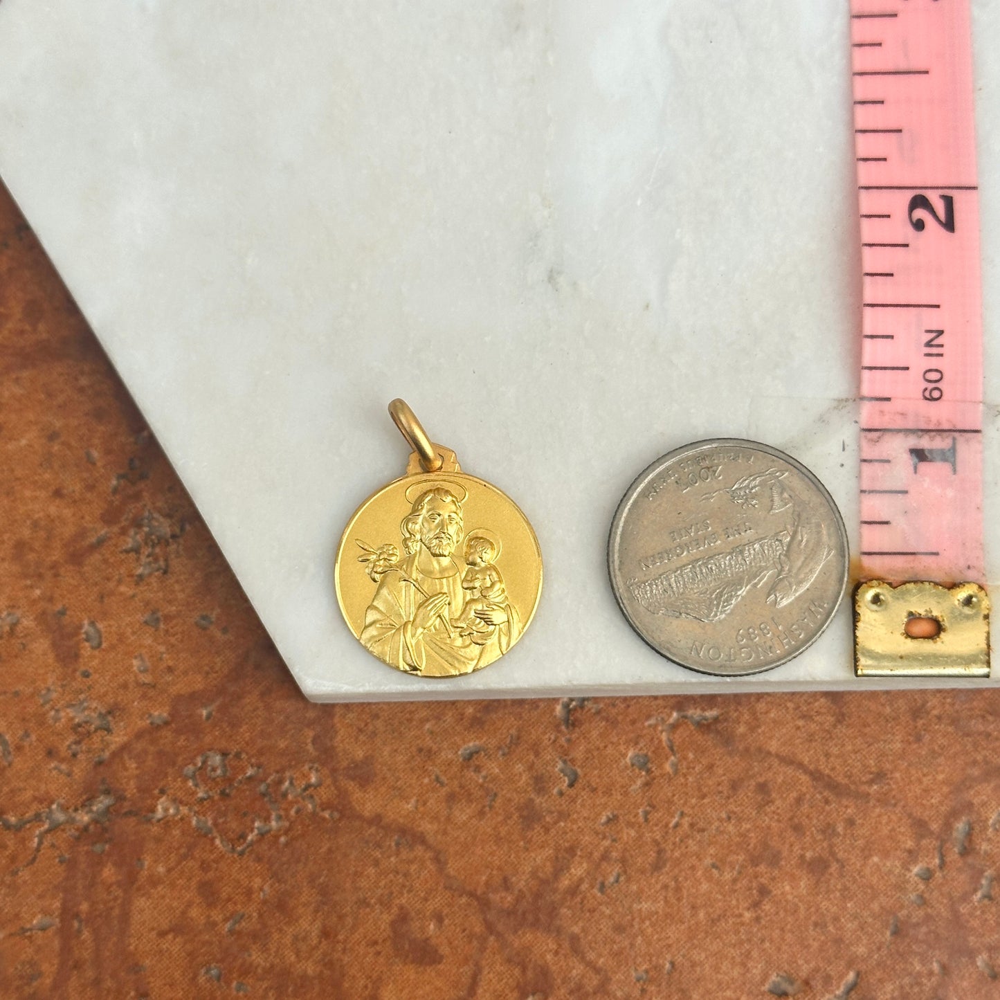 18KT Yellow Gold Solid St Joseph Round Medal Pendant Matte 21mm