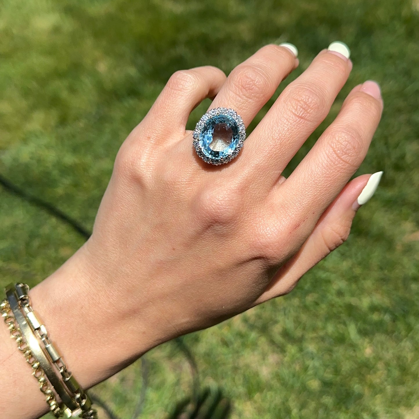 Estate 14KT White Gold Oval 11 CT Aquamarine + Halo Diamond Ring
