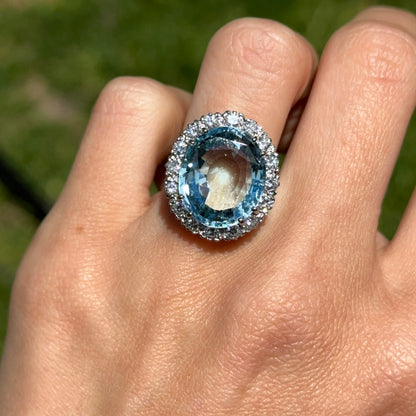 Estate 14KT White Gold Oval 11 CT Aquamarine + Halo Diamond Ring