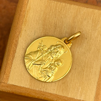 18KT Yellow Gold Solid St Joseph Round Medal Pendant Matte 21mm