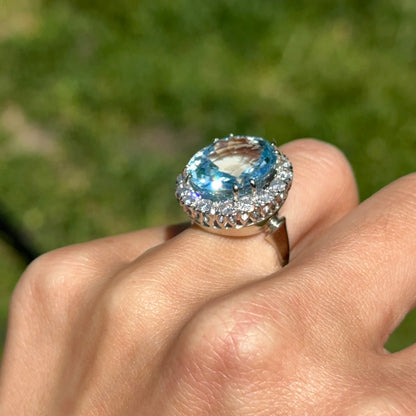 Estate 14KT White Gold Oval 11 CT Aquamarine + Halo Diamond Ring