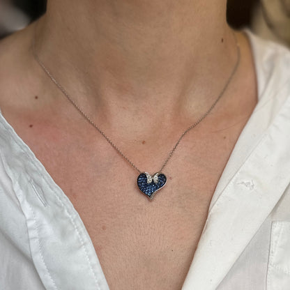 Estate 14K White Gold Black Rhodium Plated Blue Sapphire + Diamond Pave Heart Pendant