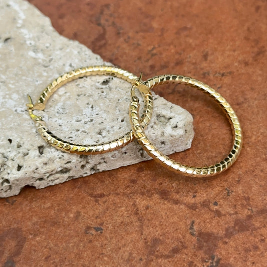 14KT Yellow Gold Notched Tube Round Hoop Earrings 35mm