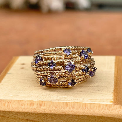 Estate 14KT Yellow Gold Rope Twist Etruscan Purple Iolite Cigar Band Ring