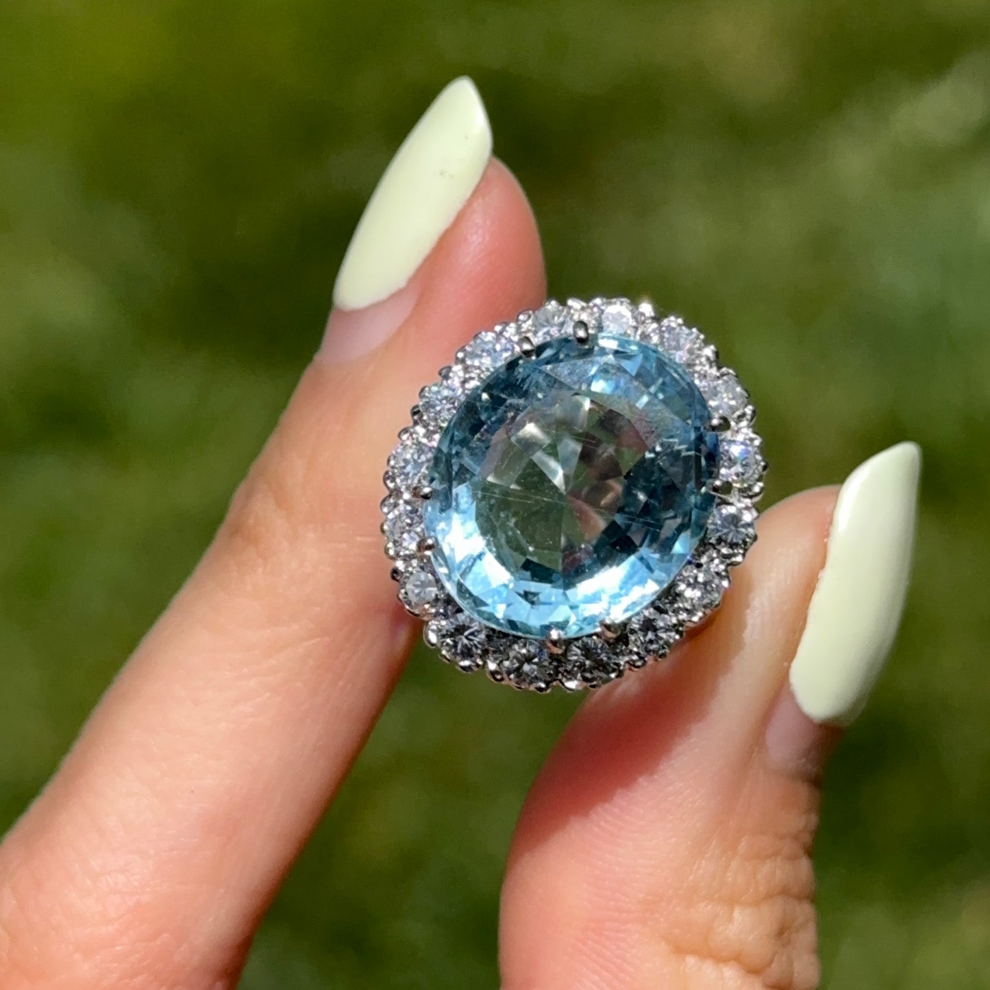 Estate 14KT White Gold Oval 11 CT Aquamarine + Halo Diamond Ring
